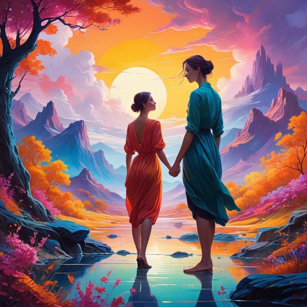 A captivating blend of vibrant colors showcasing an artistic exploration of adult anime themes. Include abstract representations of various fetishes intertwined in a dreamy landscape, featuring ethereal characters that convey emotion and allure. The background should hint at fantastical elements, portraying depth and imagination. Stylize the image with a balance of playful and provocative elements that invite intrigue. vivid colors. surreal art.