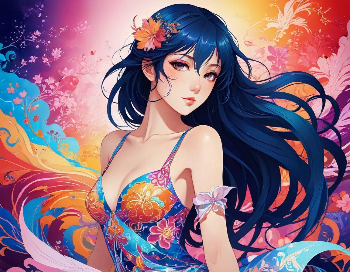 A captivating scene showcasing a stylized anime character in an intimate pose, surrounded by vivid, swirling colors and intricate patterns inspired by traditional erotic art. The background features a blend of soft gradients and surreal elements that evoke fantasy and allure, while keeping a tasteful and artistic touch. Include hints of floral motifs and abstract shapes to enhance the erotic yet artistic essence. vibrant colors. super-realistic.